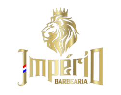 Logo dourado de uma barbearia com um leão com uma coroa.